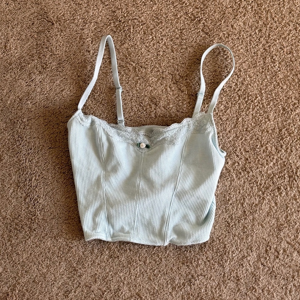 Light Blue Ribbed Lace Trim Cami Tank Top XS